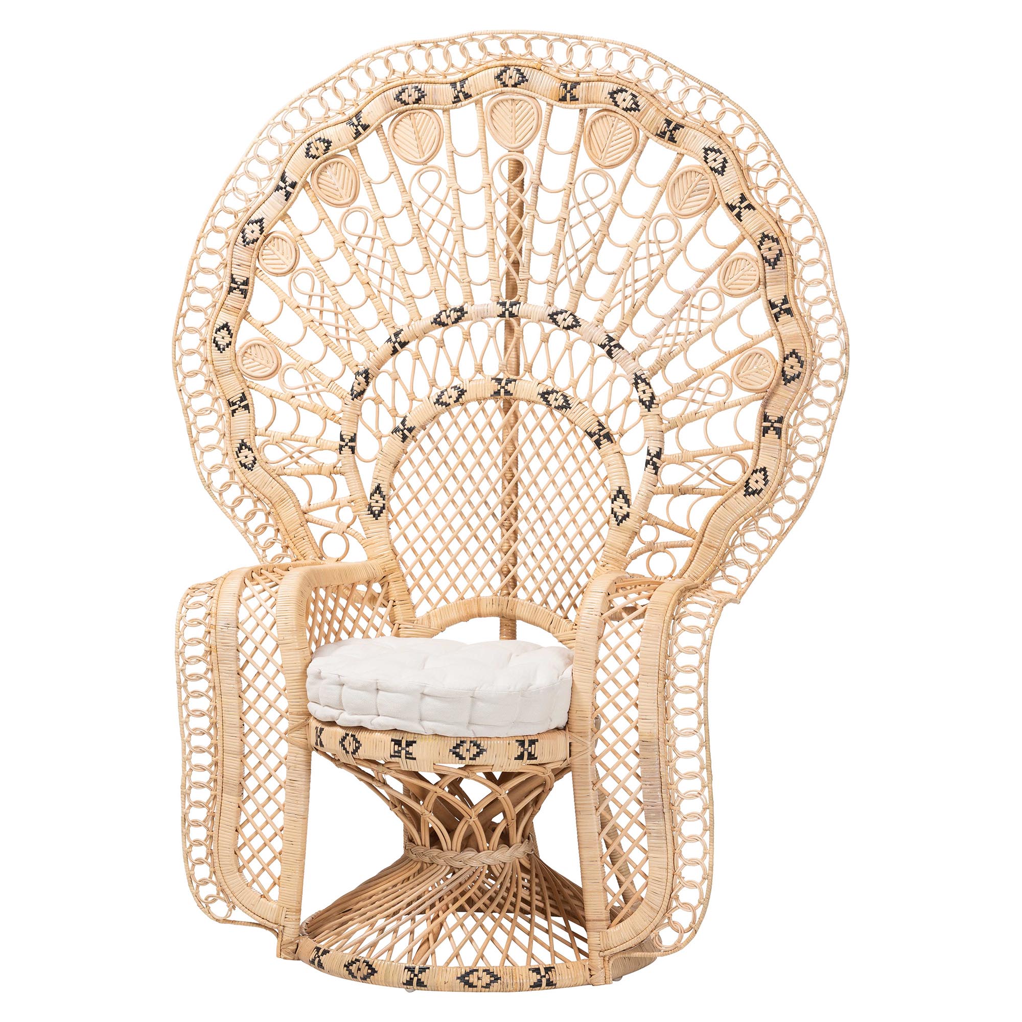 bali & pari Nafisa Natural Rattan Peacock Chair - Handwoven Wicker Accent Chair with Fan Backrest and Removable Cushion, Boho Coastal Accent Seating for Living Room or Events